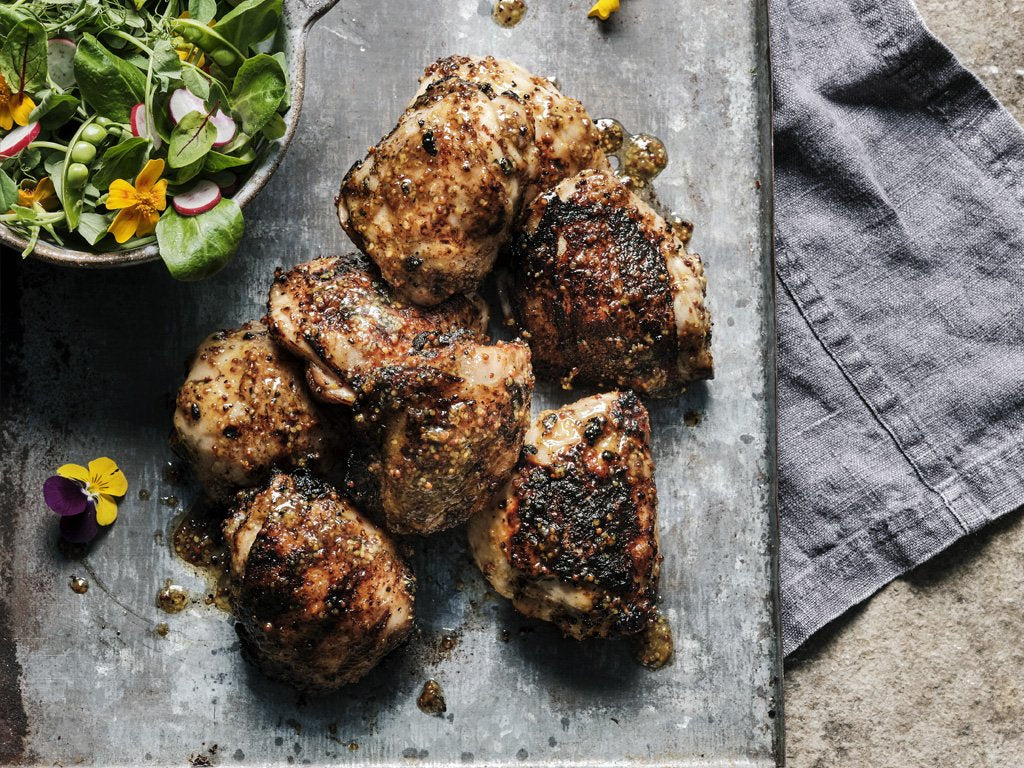 Charred Chicken thighs with Whole Grain Mustard Marinade