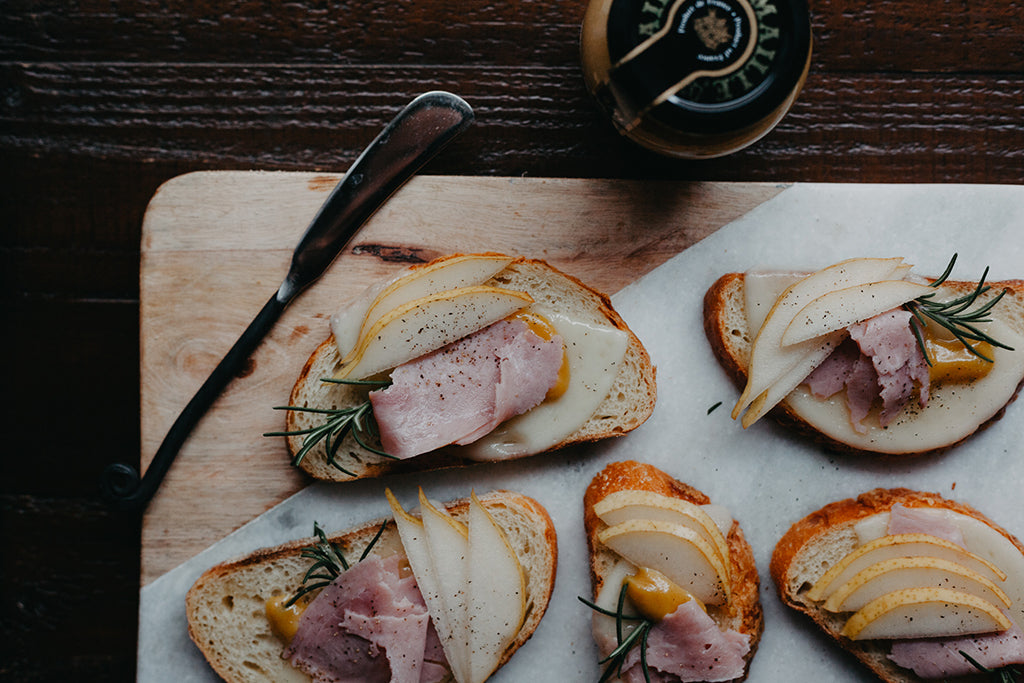 Pear and Ham Honey Mustard Holiday Crostini