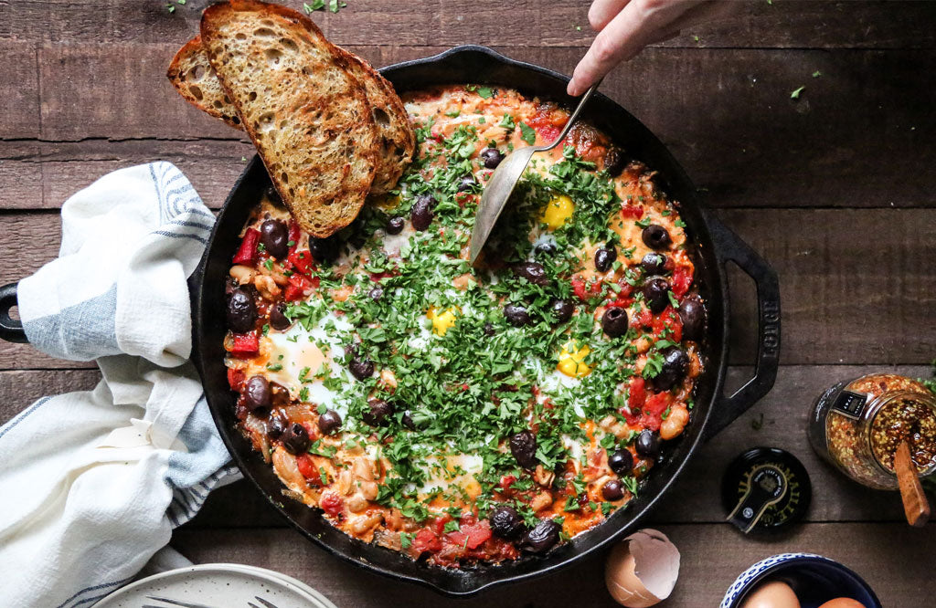 Roasted Red Pepper, Olive + White Bean Shakshuka