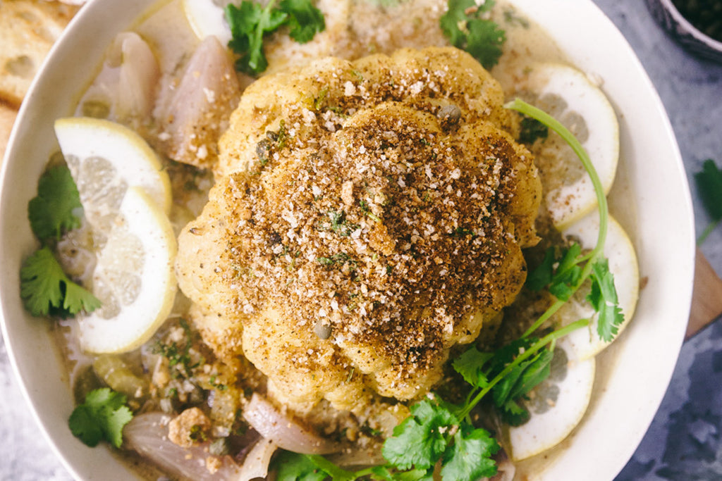 Whole Roasted Cauliflower in Mustard Sauce