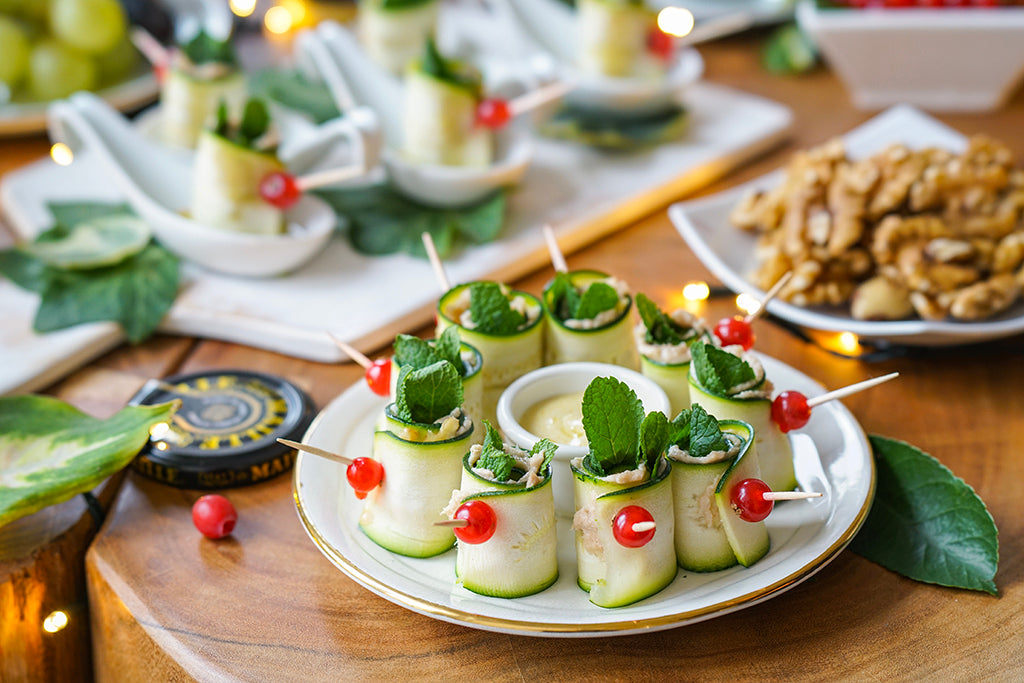 Zucchini Buds with a Tuna Mustard Filling, Mint and Red Currant