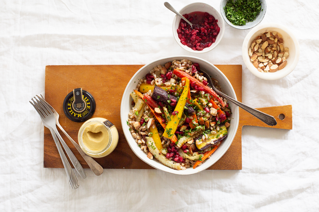 Roasted Carrot and Farro Salad with Mustard Maple Vinaigrette