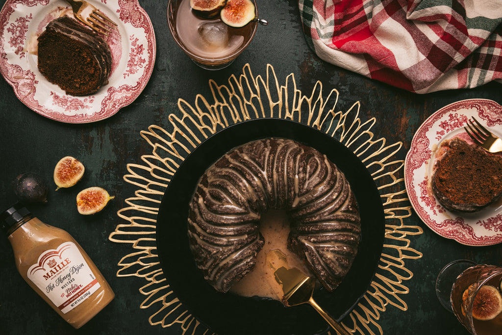 Hot Honey Dijon Gingerbread Bundt Cake with Maple Cinnamon Glaze