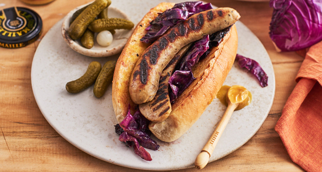 Grilled Red Cabbage and Bratwurst Sandwiches