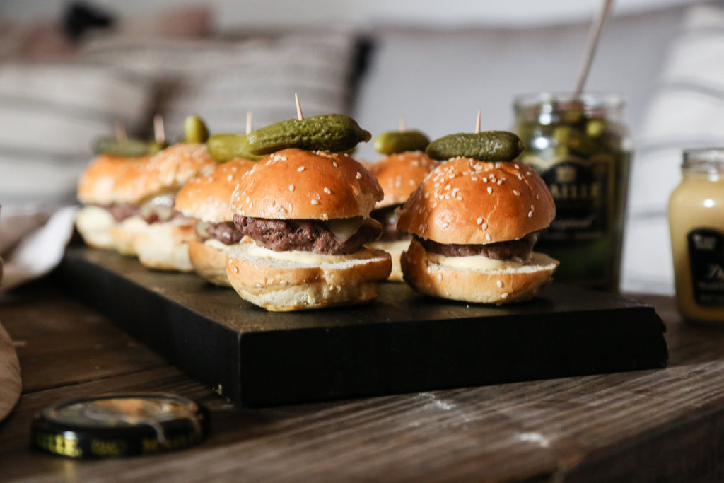 Sliders with Dijon Aioli & Cornichon Garnish