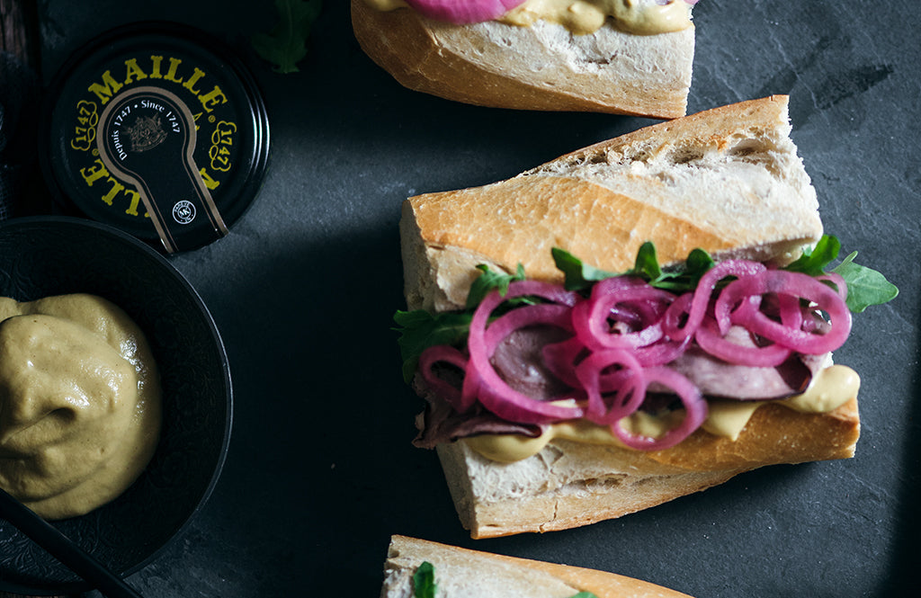 Roast Beef Sandwich with Pickled Red Onions + Maille Dijon Originale