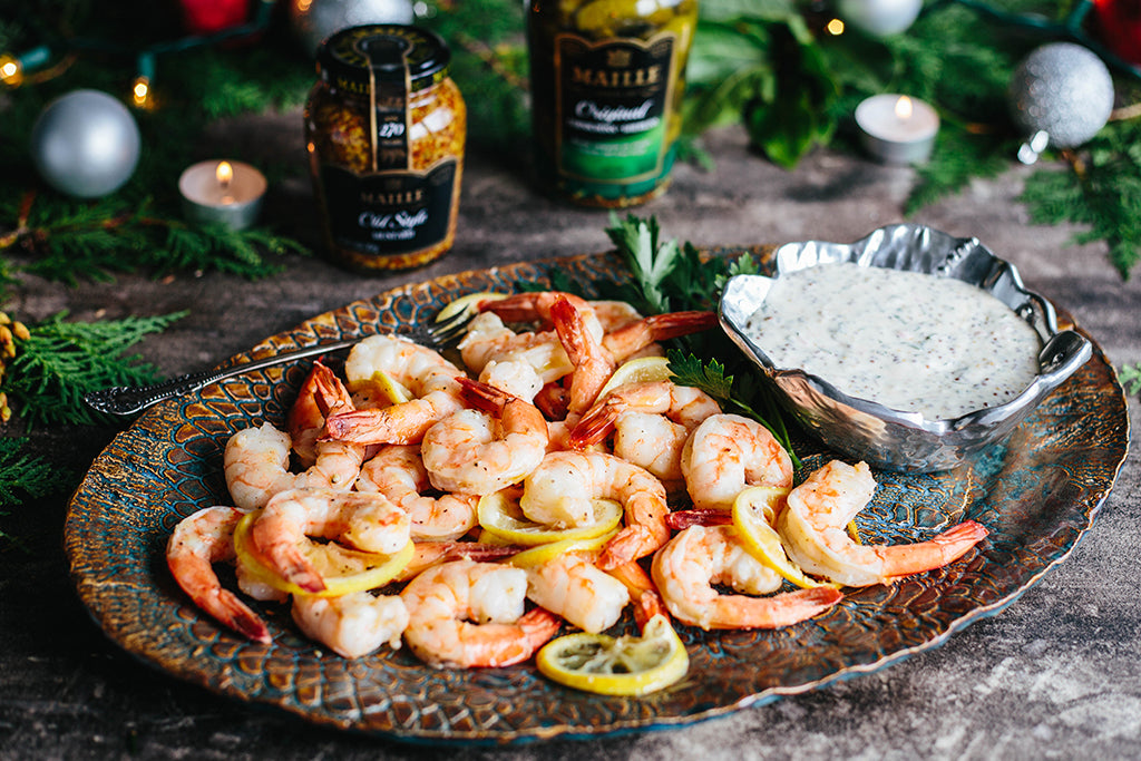Roasted Shrimp Cocktail with Maille Old Style Mustard Sauce