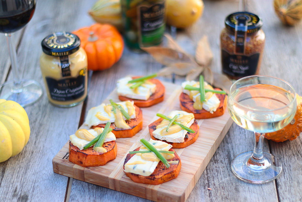 Roasted Sweet Potato Medallions With Blue Cheese & A Drizzle Of Mustard Sauce