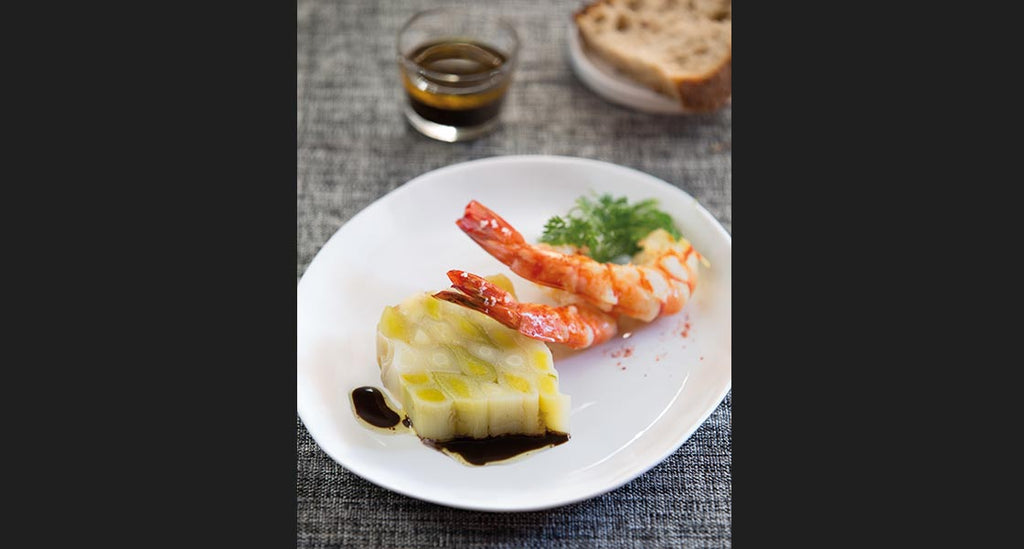 Young Leek terrine with roast prawns