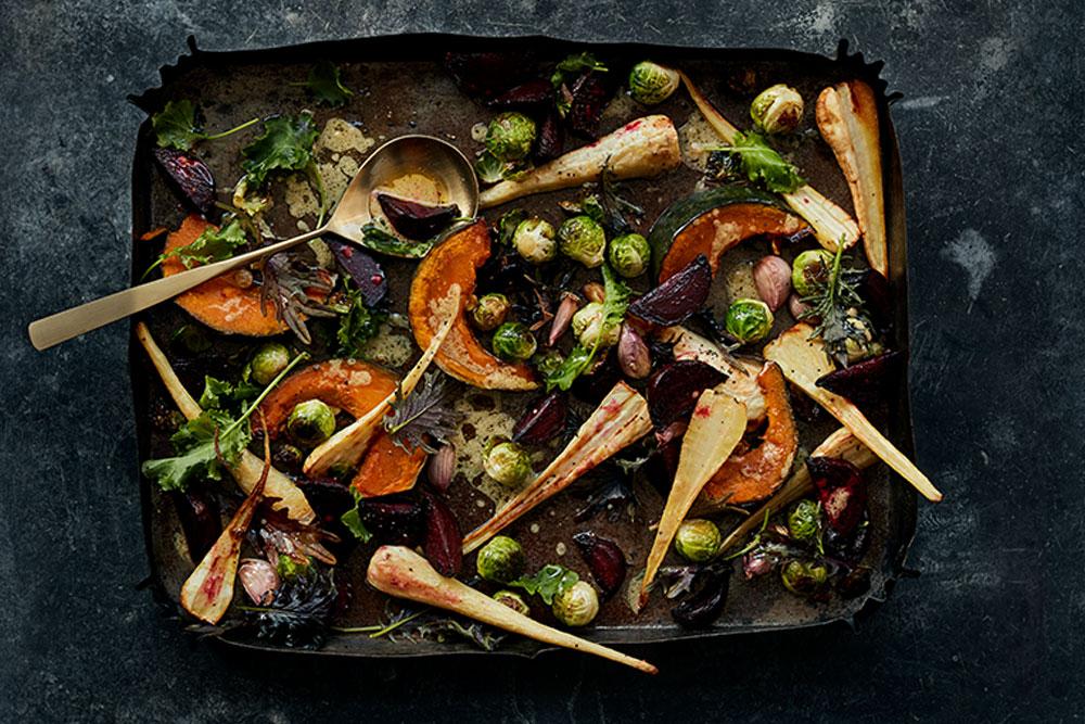 Roasted Vegetables with Whiskey and Smoked Pepper Mustard  Dressing