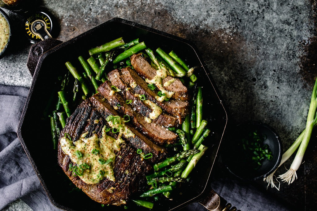 Skillet Steak with Spring Vegetables & Mint-Mustard Sauce