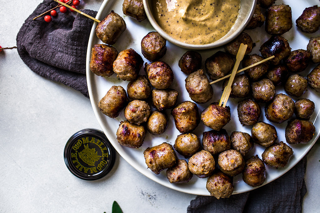 Sausage Bites in White Wine with Creamy Mustard Dipping Sauce