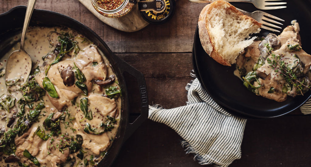 Skillet Chicken with Creamy White Wine, Mushroom and Spinach Sauce